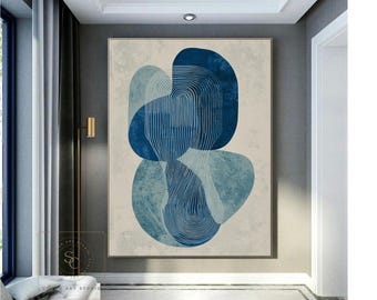 Minimalist Abstract Painting, Blue Beige Wall Art, Original Textured Line Art, Large Wabi-Sabi Wall Decor