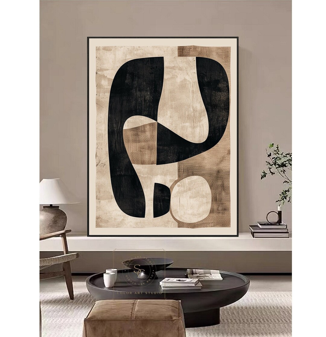 Original Beige Abstract Painting Large Brown Wall Art Black Minimalist ...