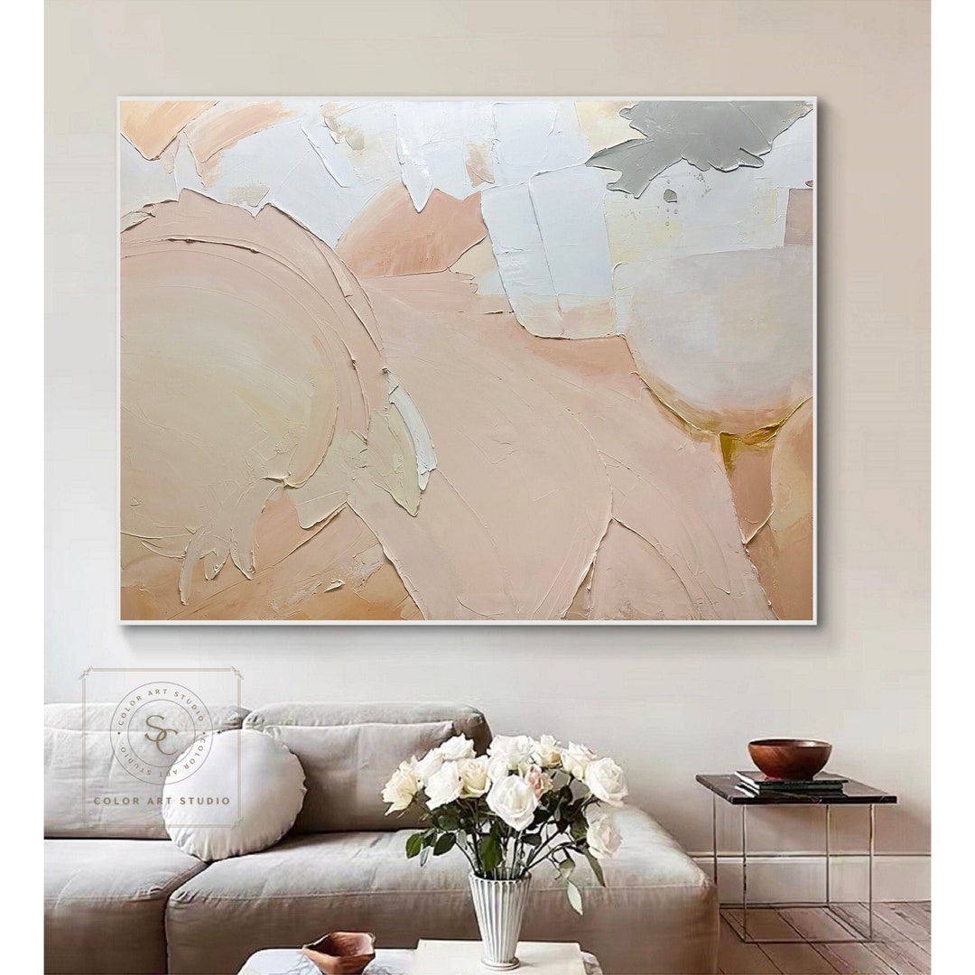 Large Beige Abstract Painting White Textured Wall Art Neutral Oil ...