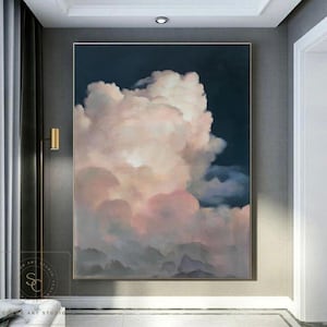 White Cloud Wall Art Large Cloudy Sky Painting Original Pink Cloud Painting White Cloud Abstract Painting Blue Sky Painting Cloud Canvas Art