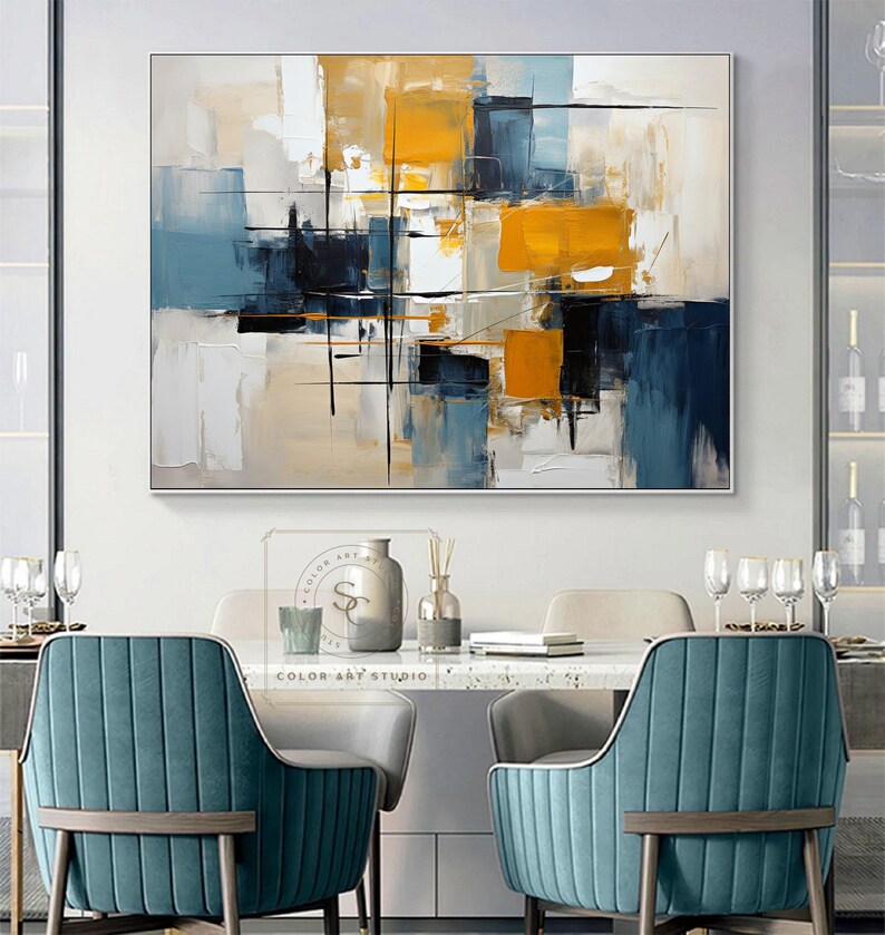Large Abstract Painting Original Yellow Textured Art Blue Abstract ...
