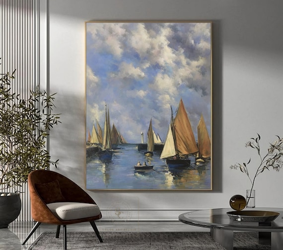 Large Sailboat Abstract Painting Original Sailboat Wall Art Seascape Oil Painting Cloudy Sky Wall Painting Sailboats Gather in the Harbor