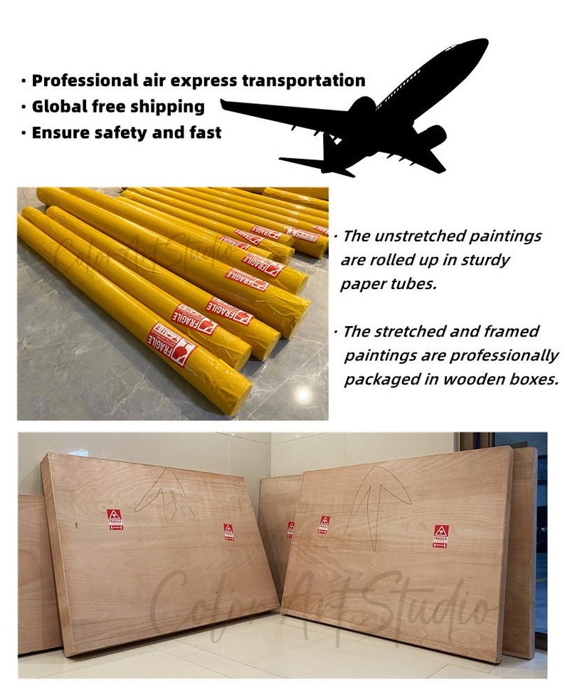 May include: Image shows rolled paintings in yellow paper tubes and framed paintings in wooden boxes. Text includes "Professional air express transportation", "Global free shipping", and "Ensure safety and fast". The text also mentions sturdy paper tubes and wooden boxes.