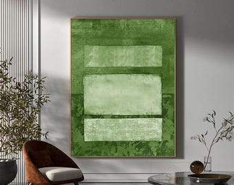 Puede incluir: Una gran pieza de arte mural rectangular que presenta tres bloques horizontales de diferentes tonos de verde. La composición muestra una aplicación de pintura texturizada y en capas con un fondo verde bosque oscuro y formas rectangulares verde salvia.