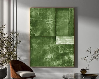 Puede incluir: Una gran pieza de arte mural rectangular que presenta una composición abstracta en varios tonos de verde. La obra muestra una aplicación de pintura texturizada y en capas con un bloque rectangular blanco horizontal distintivo en el lado derecho.