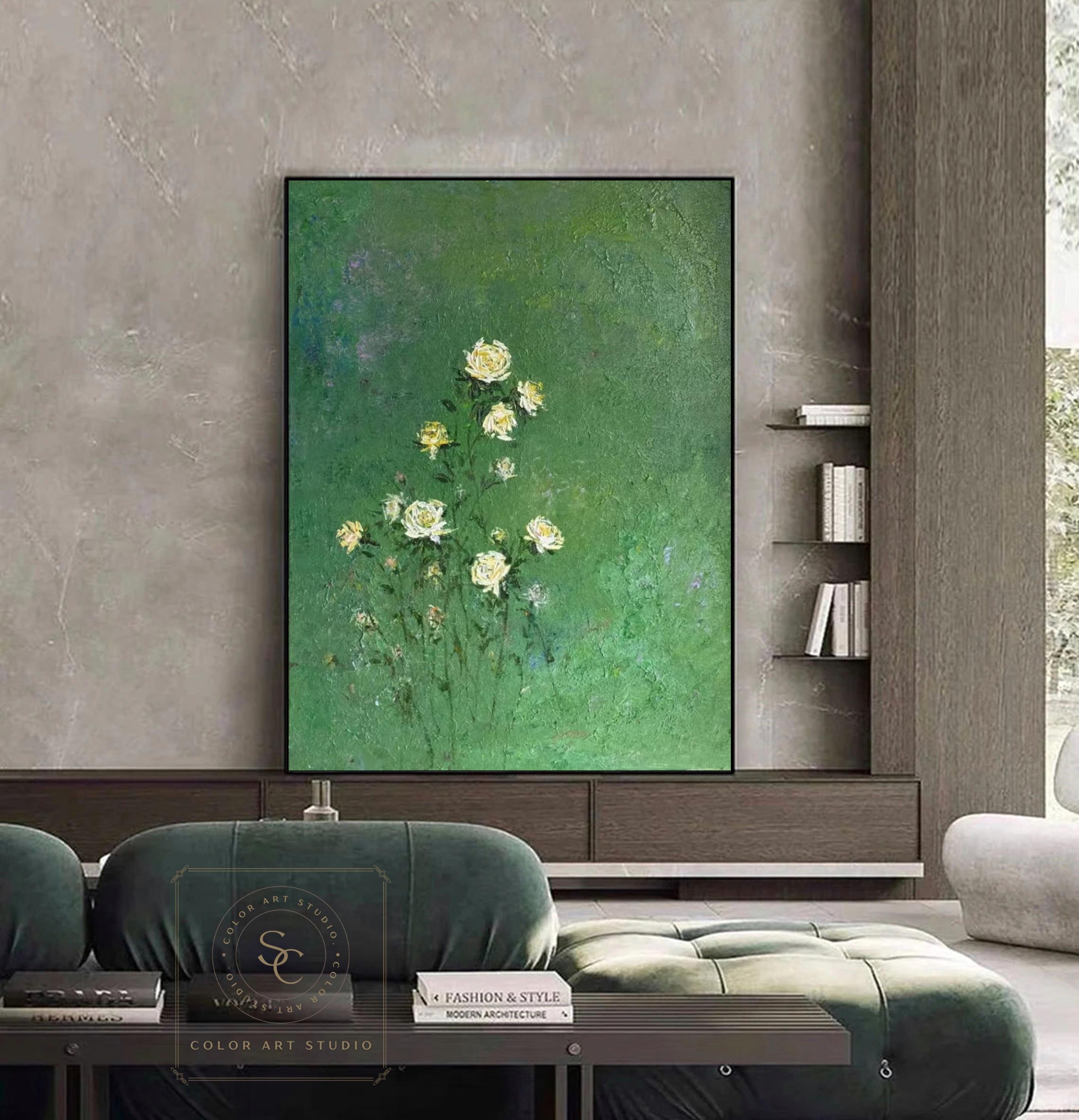 Green Minimalist Wall Art Large Green Textured Art Rose Oil Painting Green Abstract Painting Rose Flower Painting Green Canvas Art Painting