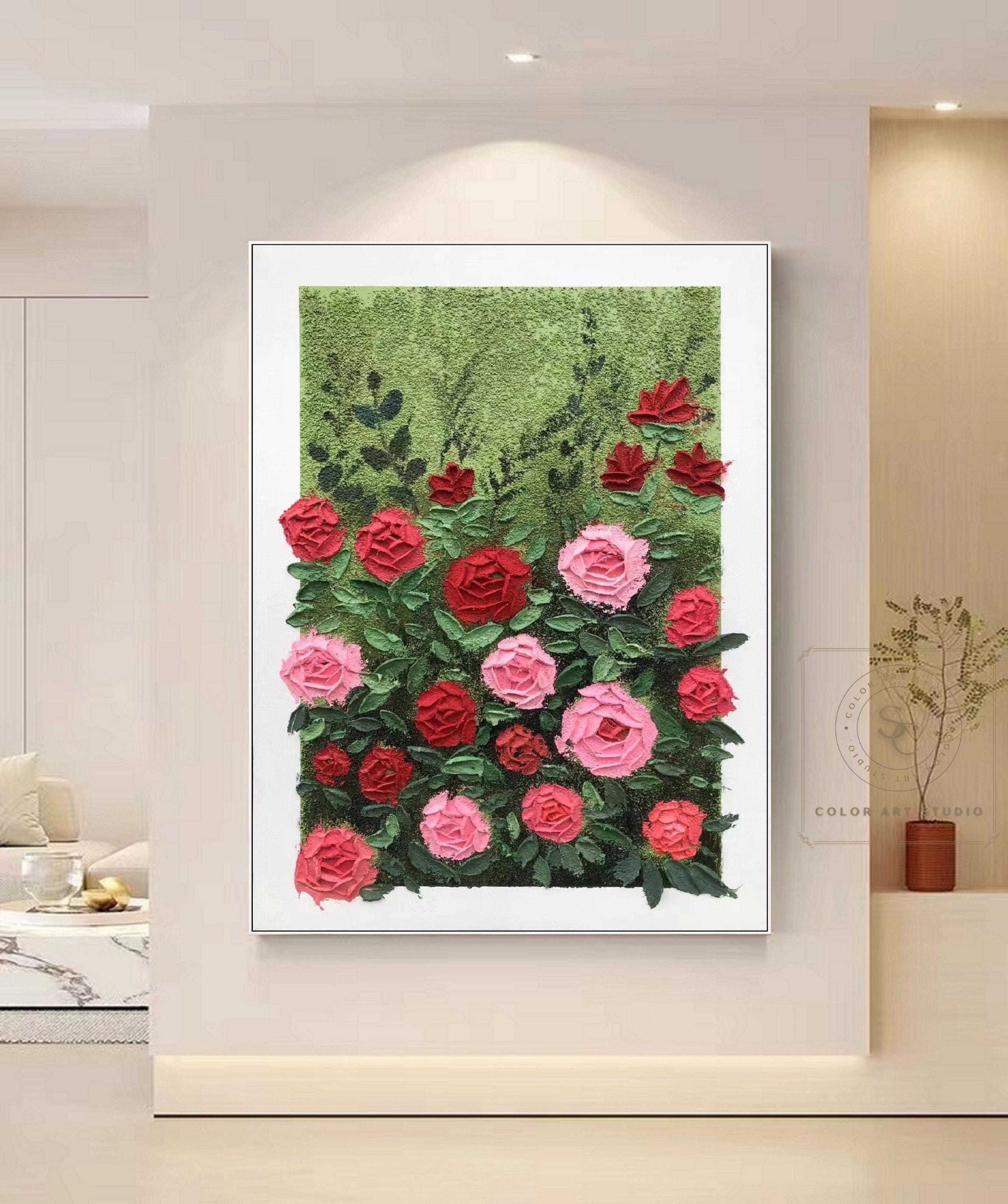 Original Flower Abstract Painting Red Rose Flower Wall Art Pink Rose Painting Floral Wall Art Large 3D Textured Painting Rose Abstract Art