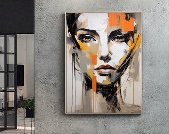 May include: A rectangular canvas painting featuring an abstract portrait of a face with thick, textured brushstrokes. The color palette consists of black, white, gray, and vibrant orange accents, with paint drips running down the lower portion of the image.