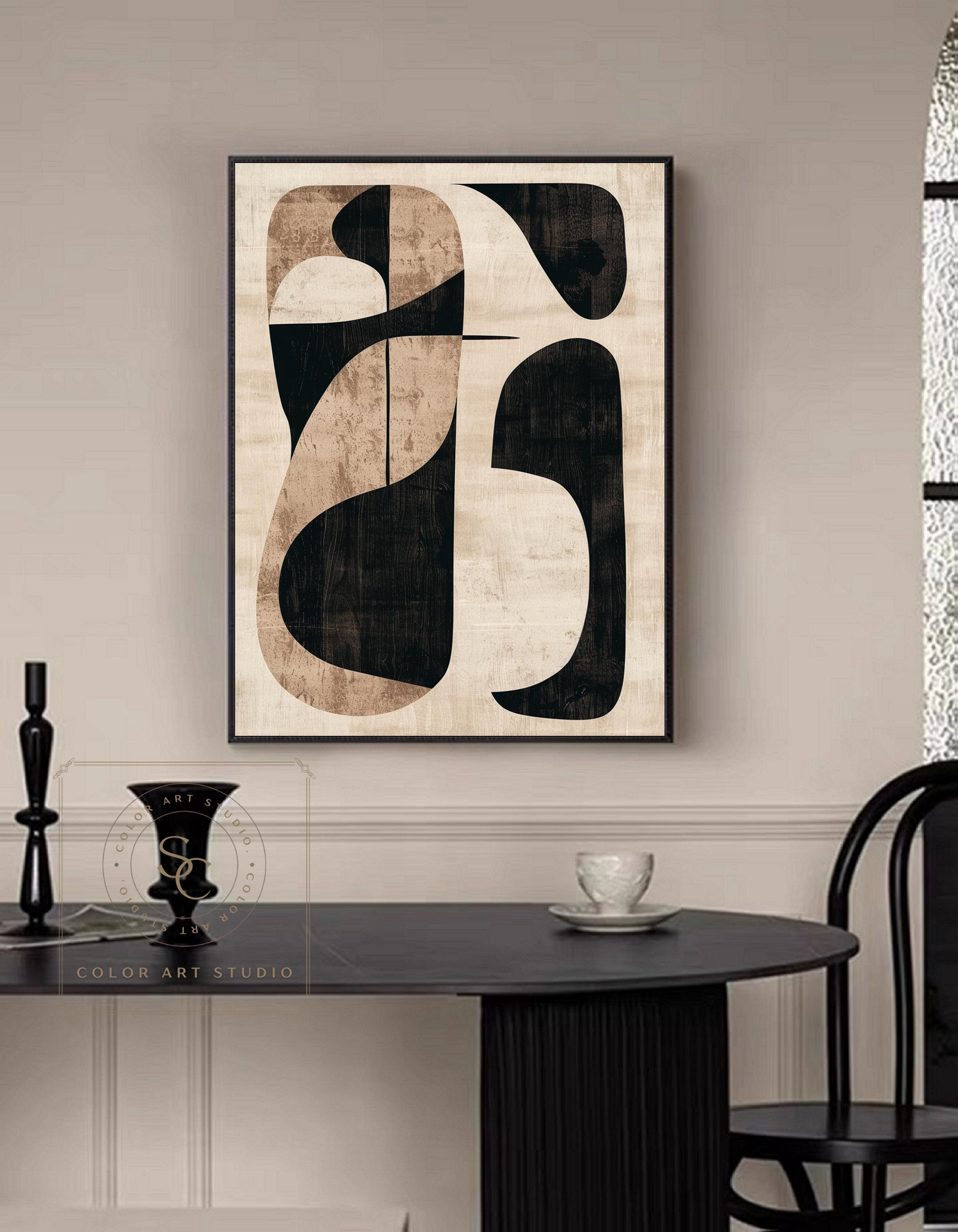 Beige Minimalist Wall Art Black Beige Abstract Painting Large Boho Wall ...