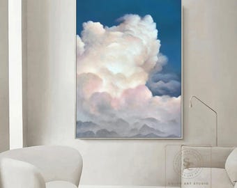 青い雲の空の絵、白い雲の壁のアート、大きな雲の抽象画、ピンクの抽象