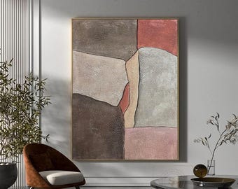 Pink Brown Abstract Painting, Wabi-Sabi Wall Art, Beige Textured Canvas Painting, Minimalist Wall Art for Living Room