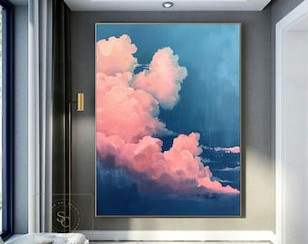Pink Cloudy Sky Abstract Oil Painting, Hand-painted Blue Textured Canvas, Oversized Living Room Wall Art