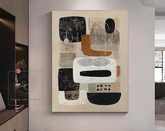 Large Boho Wall Art: Black Beige Canvas Painting, Geometric and Line Abstract Art