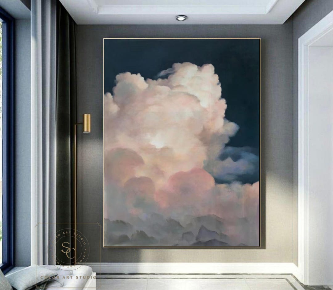 Original White Cloud Wall Art Large Cloudy Sky Abstract Painting Navy ...