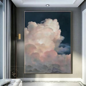 Arte de pared de nube blanca, gran pintura de cielo nublado, nube rosa original, decoración del hogar, paisaje de nubes de ensueño abstracto, lienzo pintado a mano