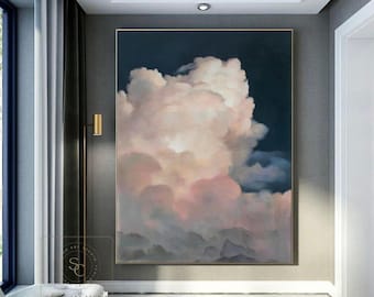 White Cloud Wall Art Large Cloudy Sky Painting Original Pink Cloud Home Decor Abstract Dreamy Cloudscape Hand-Painted Canvas
