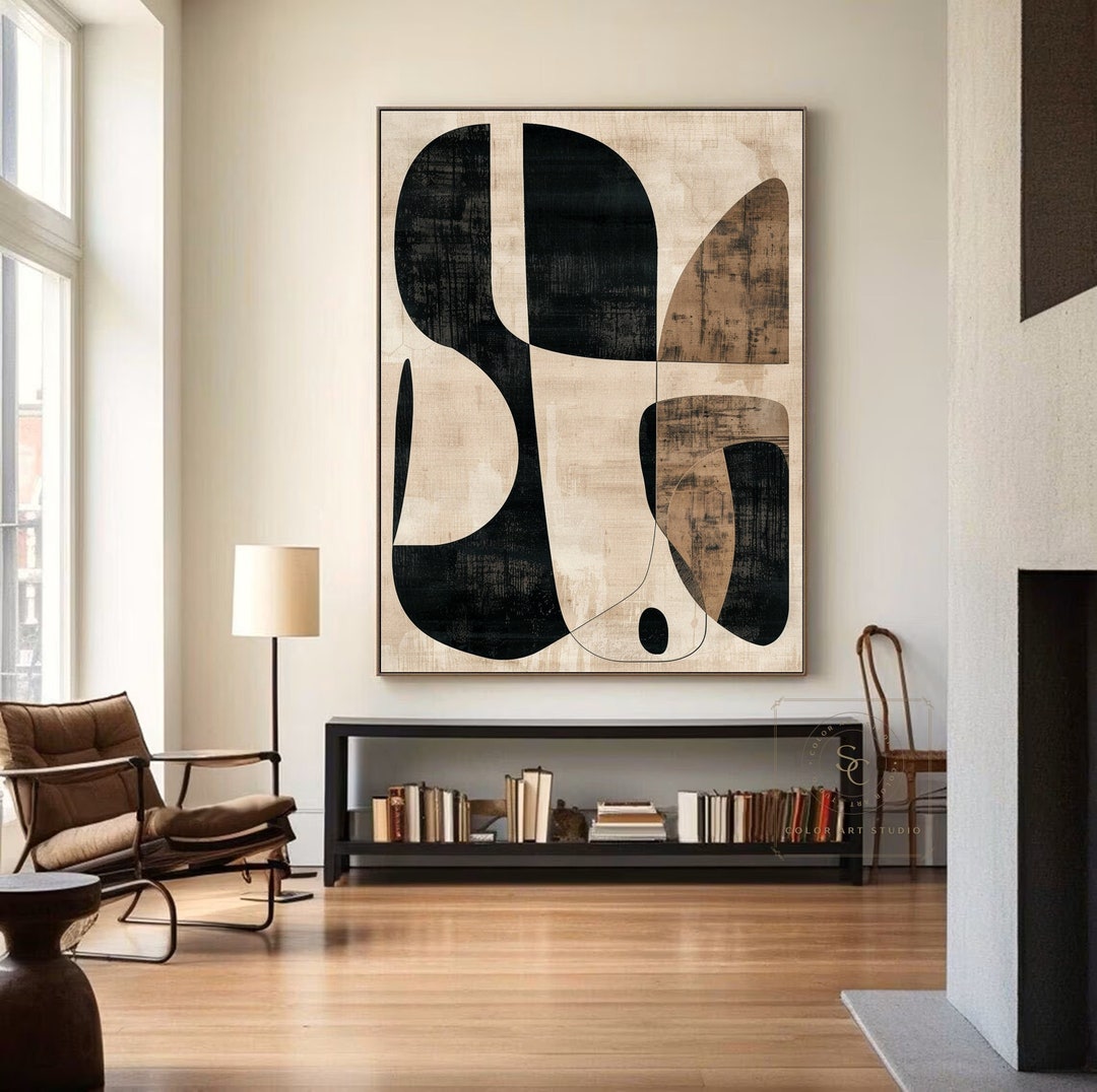 Black Beige Abstract Painting Beige Wall Art Minimalist Wall Art Large ...