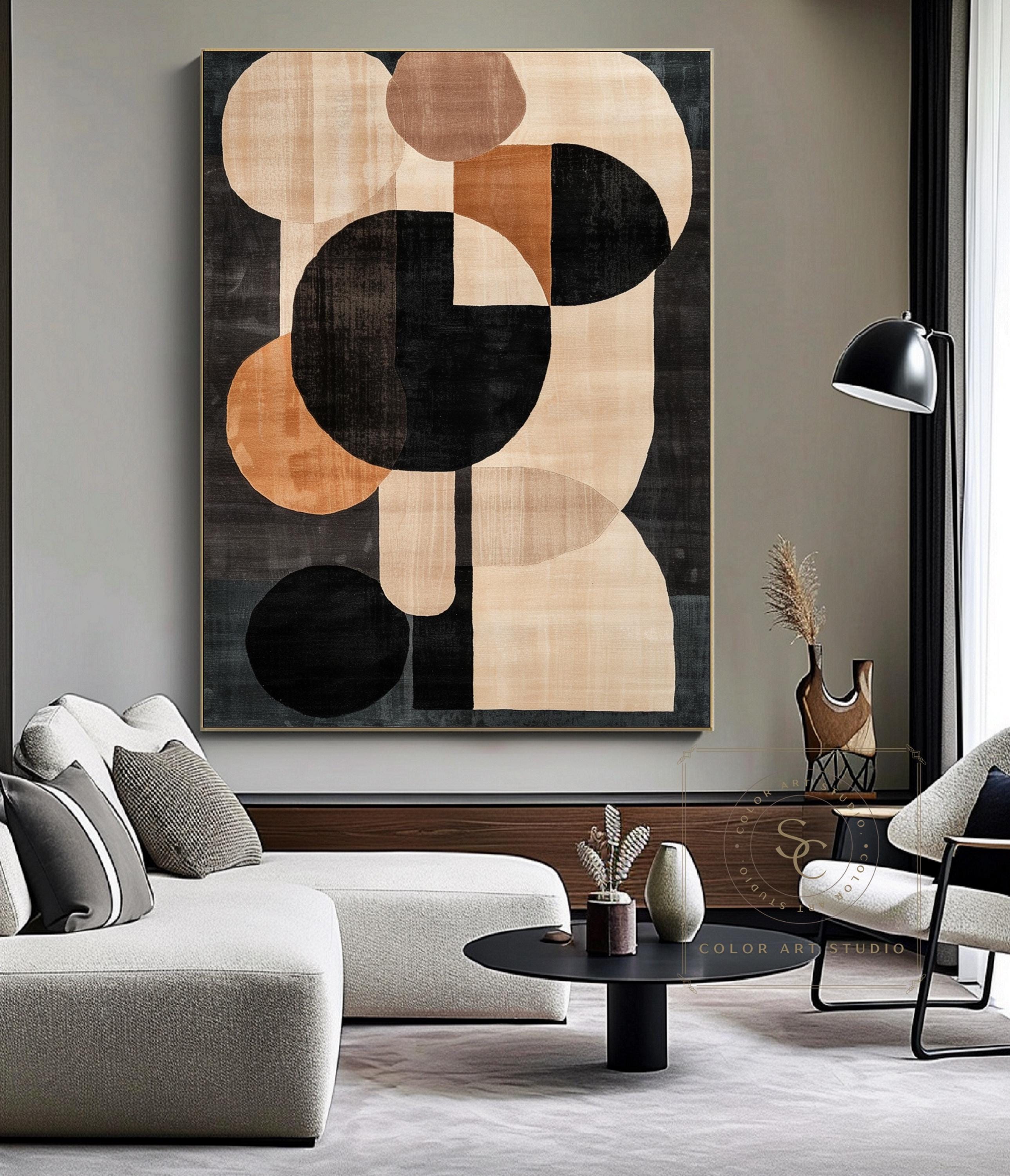 Large Black Beige Wall Art Brown Abstract Painting Geometric Abstract ...