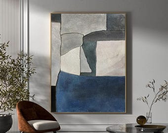 Blue Minimalist Painting, Original Wabi-Sabi Abstract Art, Hand-painted Textured Wall Art, Canvas Artwork for Living Room