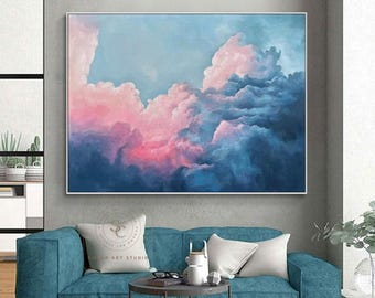 Original Cloud Wall Art, Large Blue Cloudy Sky Painting, Pink Textured Abstract Art, Modern Home Decor