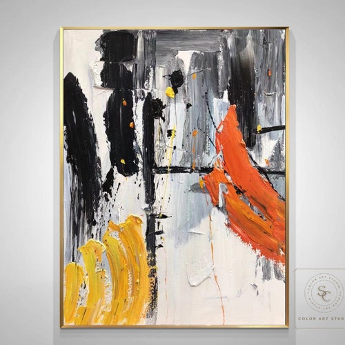 Large yellow abstract painting black and white abstract painting orange texture abstract painting shops beige abstract painting living room decor