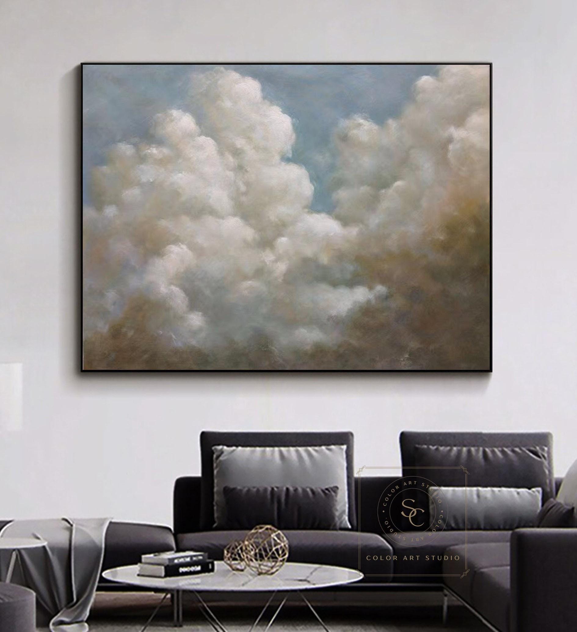白い雲の油絵 大きな雲の壁アート オリジナルの曇り空の絵画 白い雲の