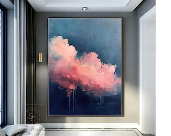 Original Cloudy Sky Abstract Painting, Pink Cloud Wall Art, Blue Sky Textured Canvas, Large Living Room Wall Art