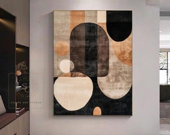 Large Boho Wall Art, Black Beige Painting, Brown Abstract Art, Hand-painted Texture Painting, Original Boho Wall Decor