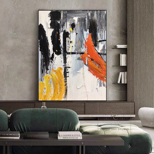 Large yellow abstract painting black and white abstract painting orange texture abstract painting shops beige abstract painting living room decor