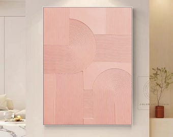 Großes, minimalistisches Gemälde in Rosa, 3D-strukturierte Leinwand, originelle Boho-Wandkunst, abstrakte rosa Wohndekoration