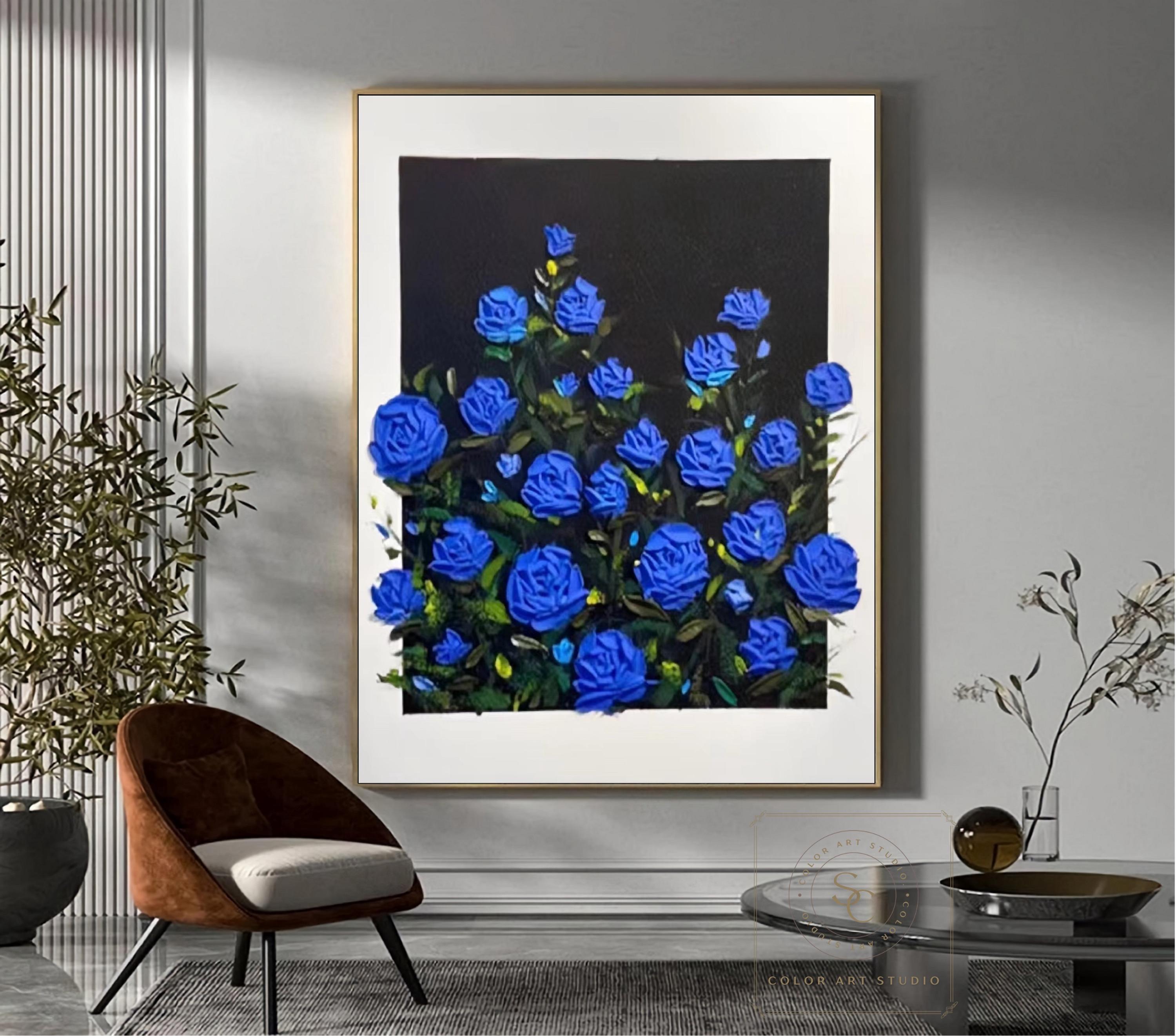 バラの抽象画、青い花の絵、青いバラの絵、大きな花の壁アート、3D