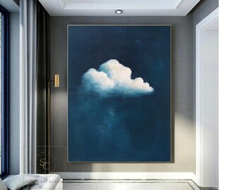 Pintura abstracta azul, pintura de nube blanca, arte mural minimalista azul, arte abstracto azul, arte mural abstracto azul, arte sobre lienzo azul, arte mural azul