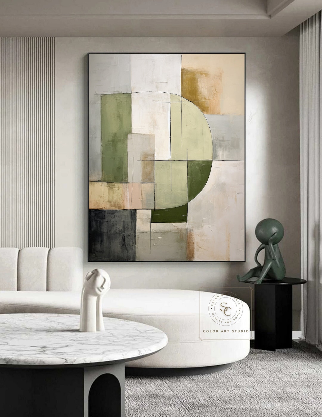 Large Green Wall Art Green Abstract Painting Beige Minimalist Painting