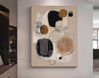 Brown Circle Line Painting, Large Boho Home Wall Decor, Beige Textured Abstract Canvas Art, Handmade Wall Art