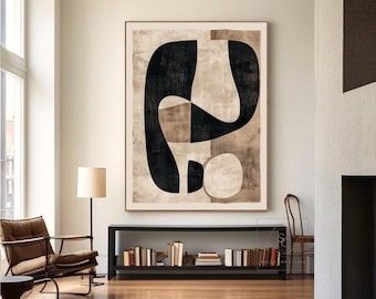 Original Beige Abstract Painting, Large Brown Wall Art, Black Textured Canvas, Minimalist Boho Artwork for Home Decor