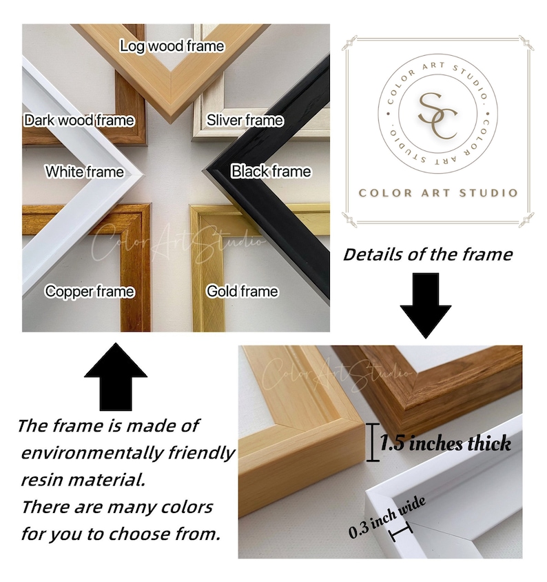 May include: Image showcasing various picture frame styles, including log wood, dark wood, silver, white, black, copper, and gold. The frames are made of environmentally friendly resin material. The frame is 1.5 inches thick and 0.3 inches wide.