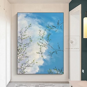 Large Blue Sky Painting White Cloud Wall Painting Green Leaf Abstract Painting Branch Wall Art Large Cloud Abstract Art Modern Oil Painting