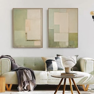 Minimalism Beige Wall Painting, Green Abstract Art, Set of 2 Wabi-Sabi Wall Art, Large Handmade Canvas for Home Decor image 1