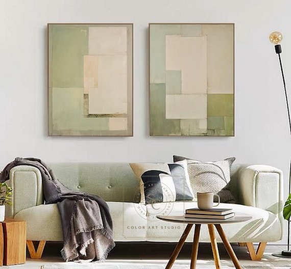 Minimalism Beige Wall Painting, Green Abstract Art, Set of 2 Wabi-Sabi Wall Art, Large Handmade Canvas for Home Decor