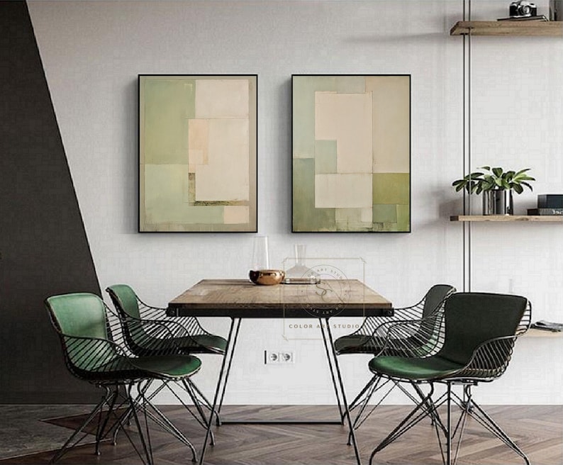 Minimalism Beige Wall Painting, Green Abstract Art, Set of 2 Wabi-Sabi Wall Art, Large Handmade Canvas for Home Decor image 8