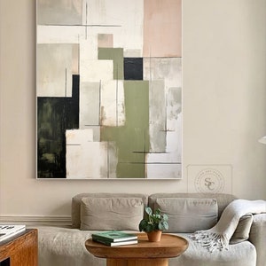 Beige Abstract Oil Painting Green Minimalist Painting Large Beige Wall ...