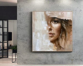 Figure Abstract Painting Woman Abstract Painting Woman Face Wall Art Large Textured Wall Art Original Beige Wall Painting Brown Oil Painting