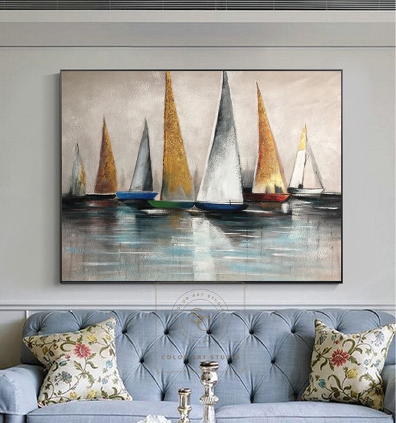 大型帆船の絵画 カラフルな帆船の抽象芸術 帆船の風景画