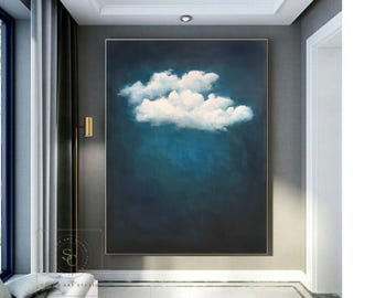 Blue Minimalist Painting Blue Abstract Art White Cloud Abstract Painting Blue Abstract Painting Large Cloud Painting Blue Canvas Wall Art