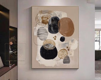 Brown Beige Canvas Painting, Circle and Line Abstract Art, Large Textured Wall Painting, Earth Tone Home Wall Decor