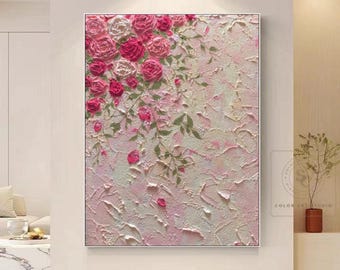 Large Textured Rose Painting, Pink Floral Abstract Canvas Wall Art