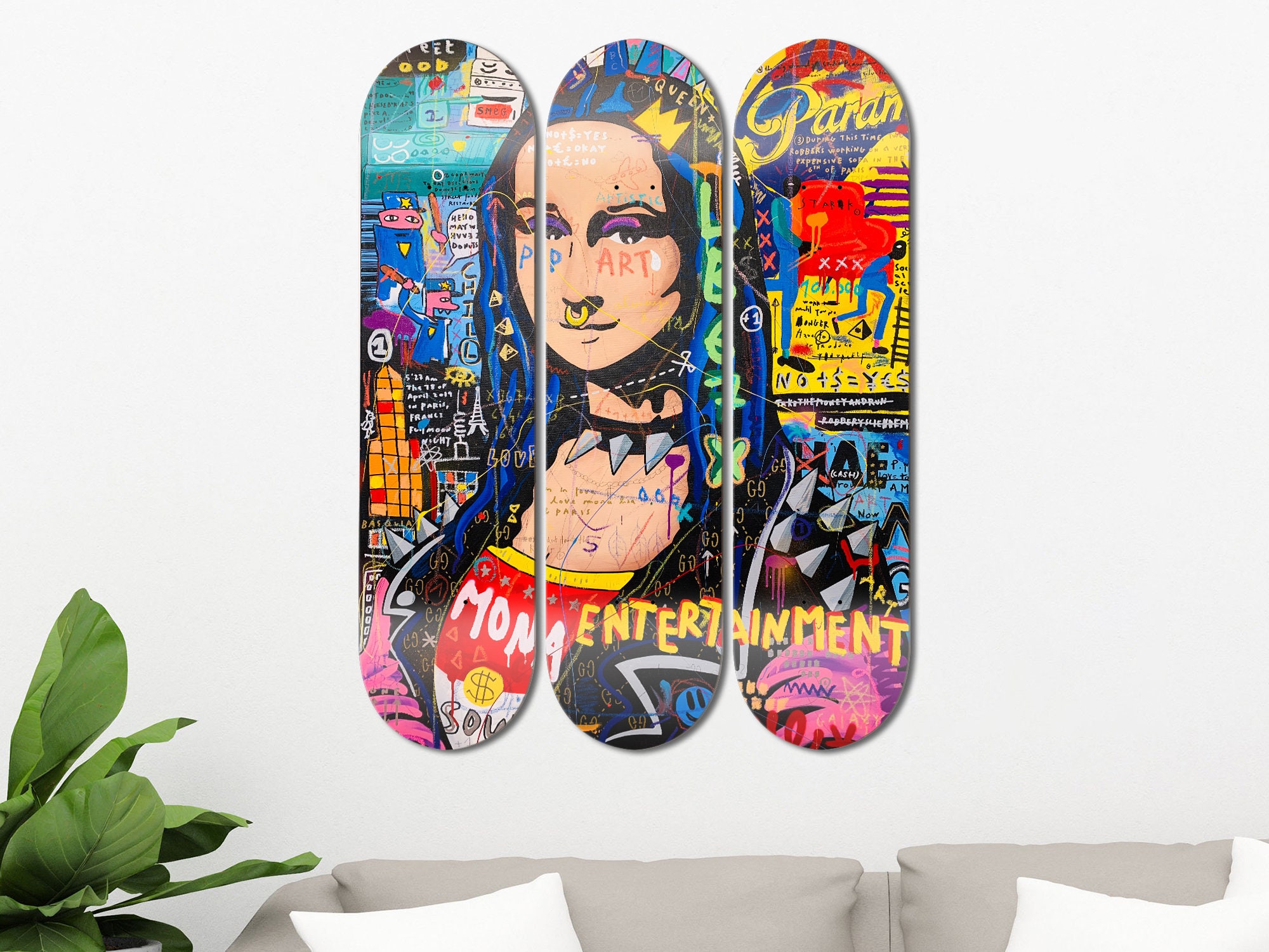 Set of 3pcs Mona Lisa Street Art Portrait Skateboard Deck Wall Art, Wall Hanged Room Decoration, Aesthetic Wall Art for Men Cave Home Decor
