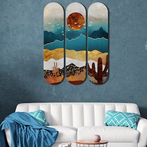 Set of 3pcs Japanese Sunset Desert Mountain Landscape Skateboard Wall Art, Wood Wall Art, Skateboard Deck Art for Home Office Bedroom Decor
