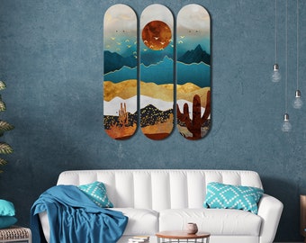Set of 3pcs Japanese Sunset Desert Mountain Landscape Skateboard Wall Art, Wood Wall Art, Skateboard Deck Art for Home Office Bedroom Decor