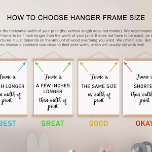 Puede incluir: Diagrama que muestra cuatro formas diferentes de enmarcar una impresi&oacute;n, con el texto "Frame is 1 inch longer than width of print" en azul, "Frame is a few inches longer than width of print" en verde, "Frame is the same size as width of print" en amarillo y "Frame is shorter than width of print" en rojo. Las palabras "Best", "Great", "Good" y "Okay" est&aacute;n escritas debajo de cada marco.